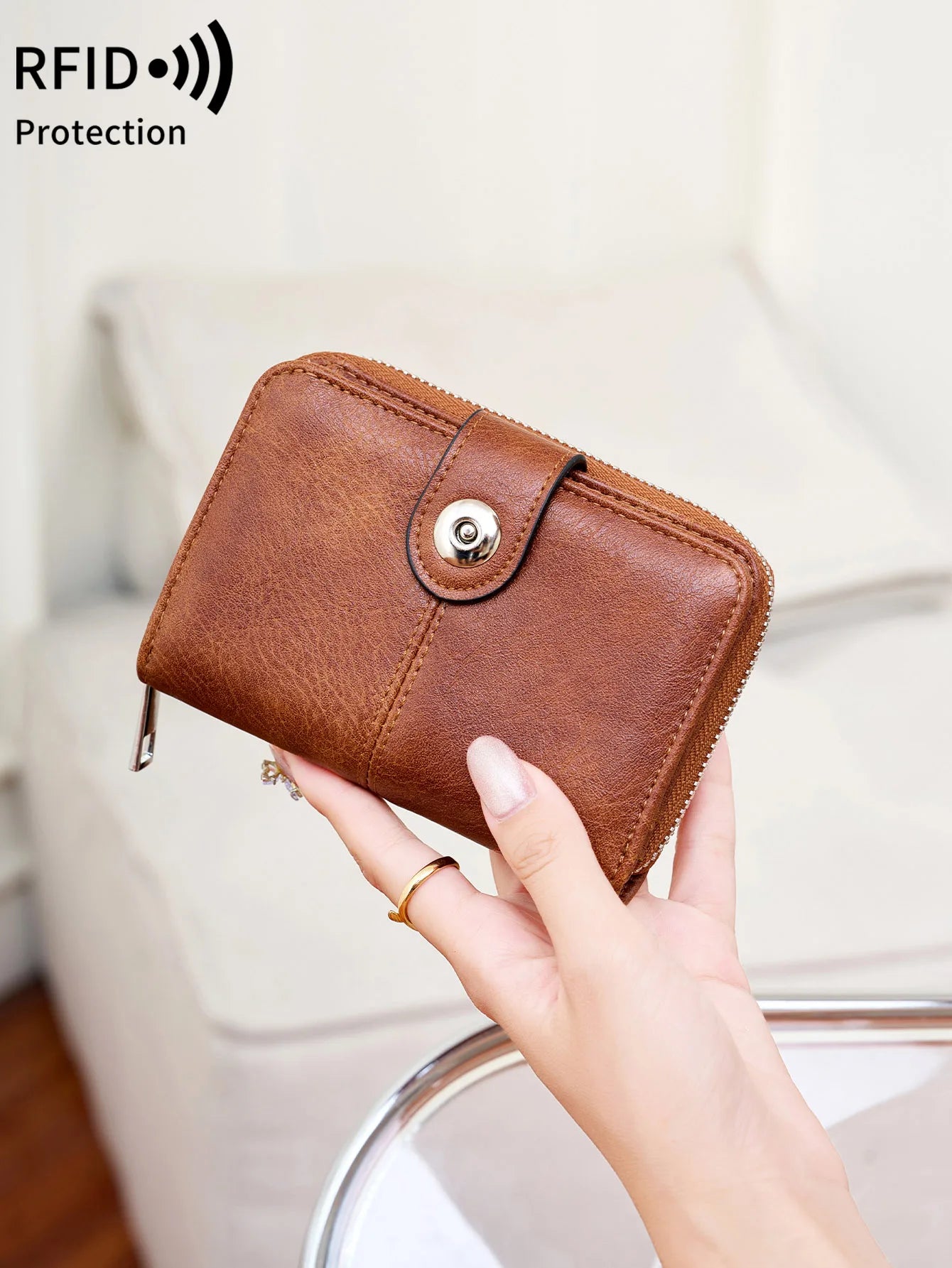 Vintage RFID Blocking Wallet – Short Zip Wallet with Card Slots for Women