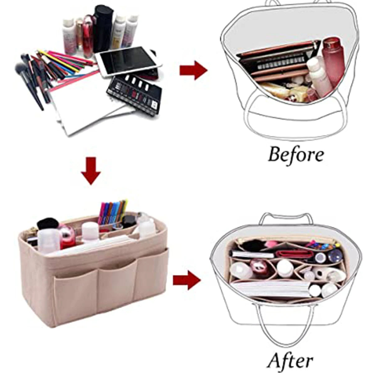 Felt Handbag Organizer Insert – 13 Pocket Purse Organizer with Detachable Wallet