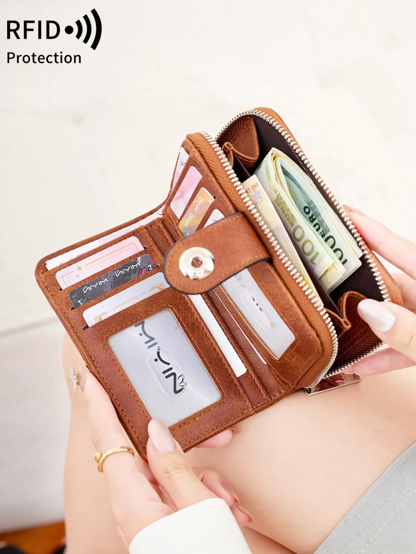 Vintage RFID Blocking Wallet – Short Zip Wallet with Card Slots for Women