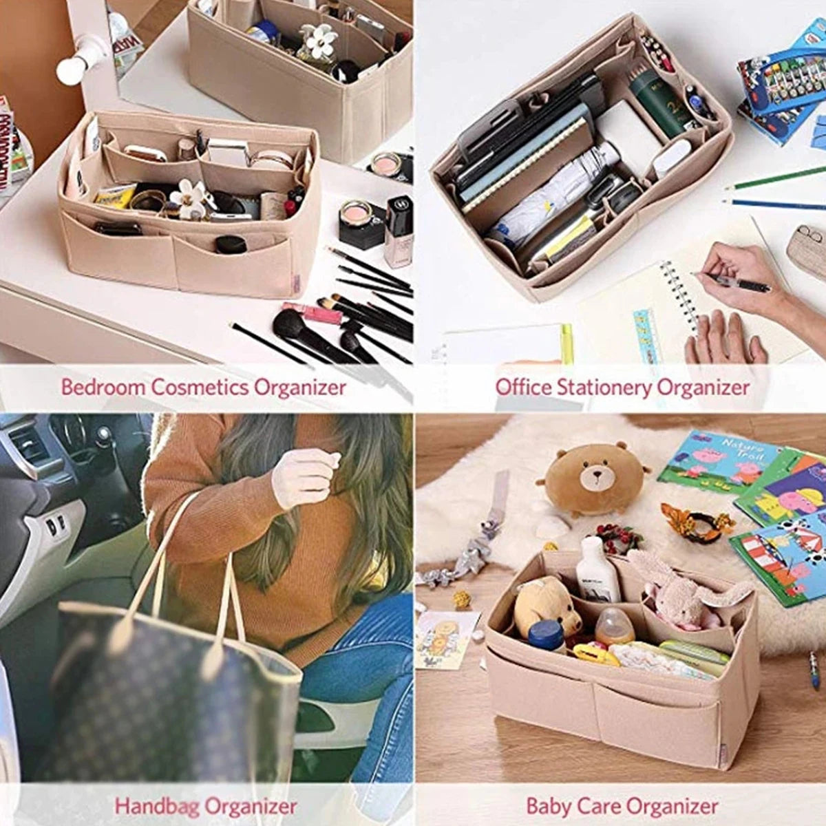Felt Handbag Organizer Insert – 13 Pocket Purse Organizer with Detachable Wallet