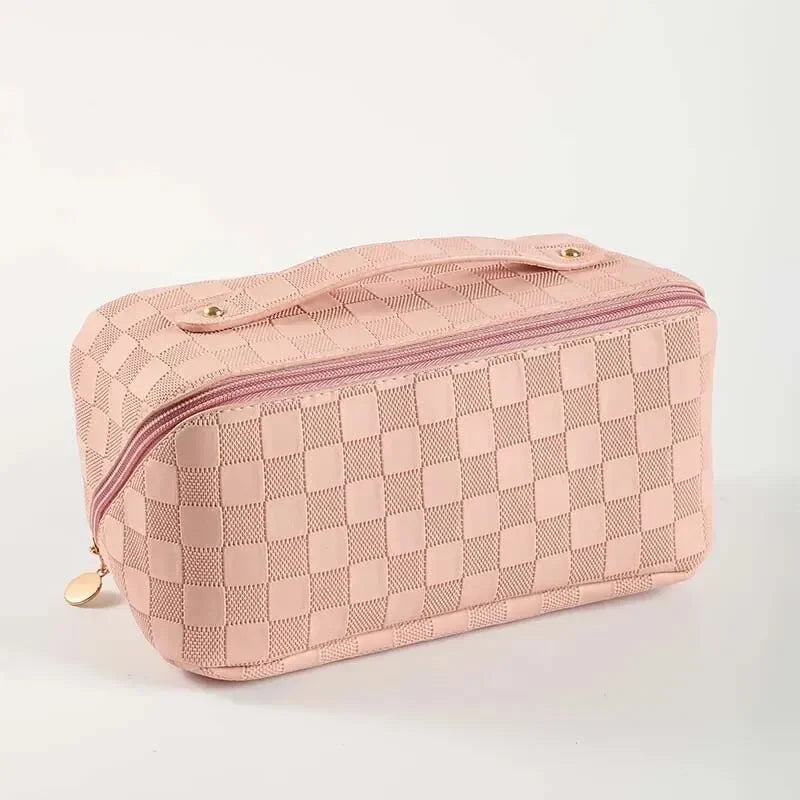 Checkerboard PU Leather Makeup Bag – Large Capacity Travel Cosmetic Bag
