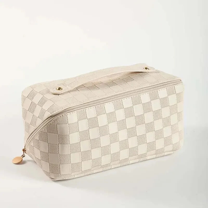 Checkerboard PU Leather Makeup Bag – Large Capacity Travel Cosmetic Bag