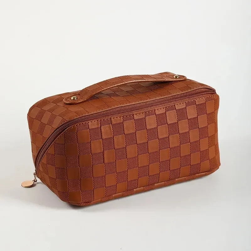 Checkerboard PU Leather Makeup Bag – Large Capacity Travel Cosmetic Bag