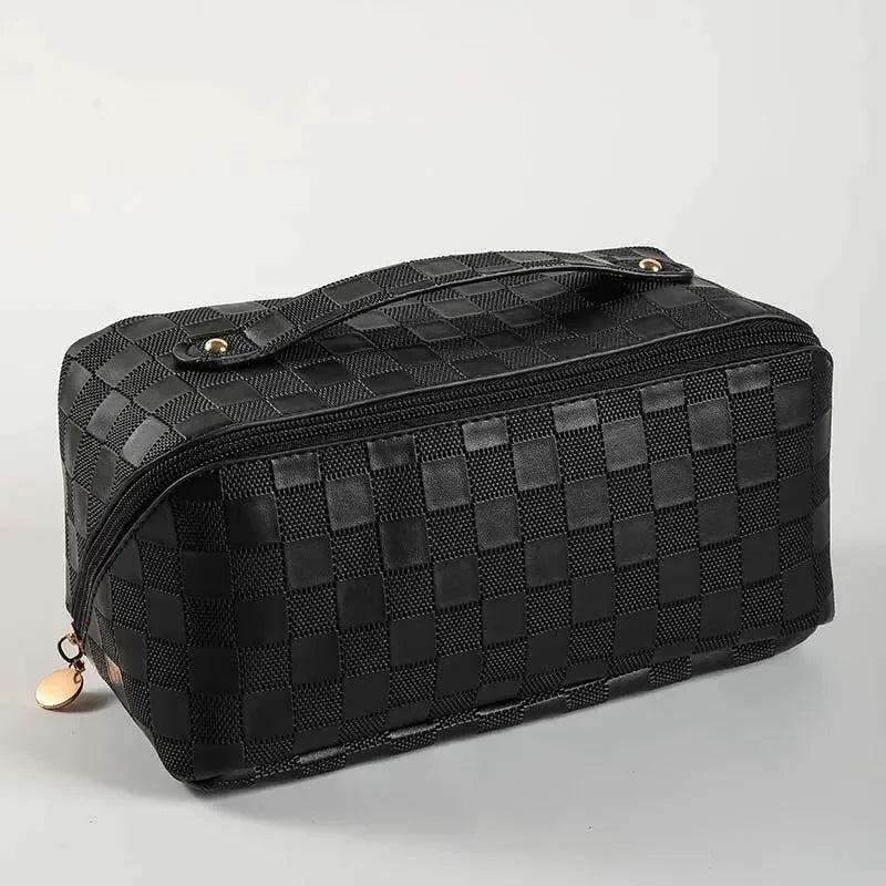 Checkerboard PU Leather Makeup Bag – Large Capacity Travel Cosmetic Bag
